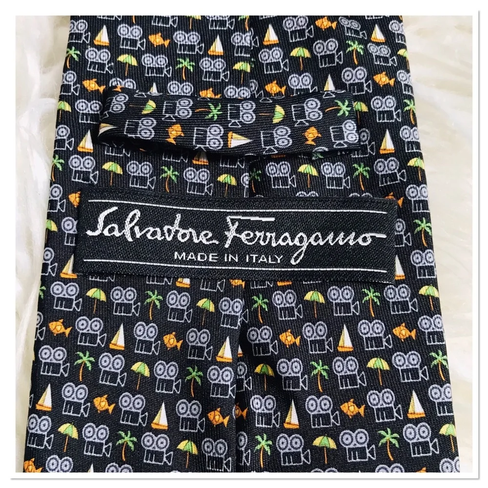 Salvatore Ferragamo 100% Silk Tie Fish Palm Tree Print Black Multicolour